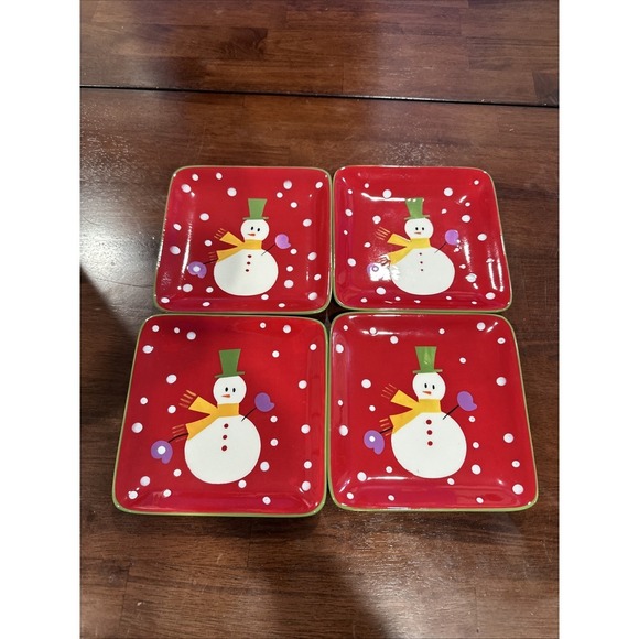 Pier 1 Imports Snowball‎ Appetizer Dessert Plates Snowman Set of 4 6"x6" w/tags - Picture 1 of 4